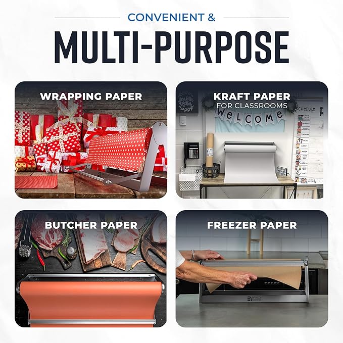 Bryco Goods 36 Inch Paper Roll Dispenser and Cutter, Wall Mountable & Non-Slip Tabletop, Heavy-Duty Steel Frame – Kraft, Butcher, Freezer, Wrapping Paper Holder – for Home, Office, Craft Projects