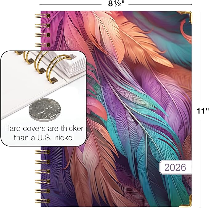 HARDCOVER 2026 Planner, 8.5"x11": 14 Months (November 2025 - December 2026), Daily Weekly Monthly Planner, Yearly Agenda, Bookmark, Pocket Folder and Sticky Note Set (Pastel Peacock)