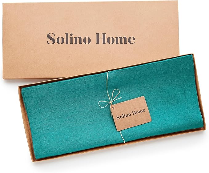 Solino Home Linen Table Runner 36 Inches - 100% Pure Linen Teal Table Runner 14 x 36 Inch Ideal for Dresser and Coffee Tables - Fete