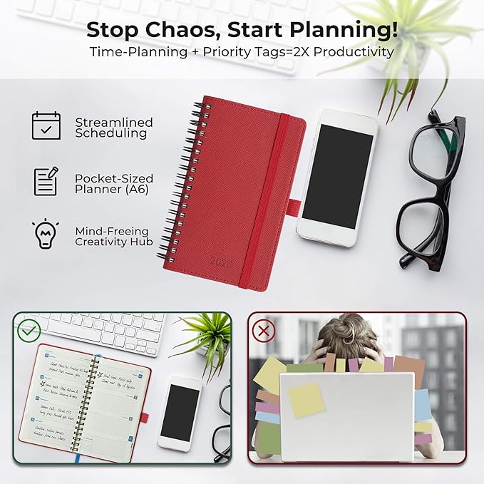 Planner 2026 Daily Weekly and Monthly,6.5"x3.75",12 Months Spiral Bound Calendar Agenda with Self-adhesive Pen Holder,2026 Appointment Book with Vegan Leather Soft Cover,Red