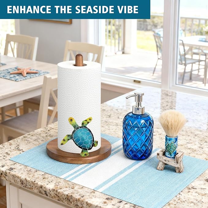 Turtle Paper Towel Holder Countertop, 3D Modern Marine Kitchen Counter Decor, Cute Resin Turtle Wooden Stand for Bathroom & Home Indoor Table, Winter Xmas Gift for Women, Housewarming Gifts, Green