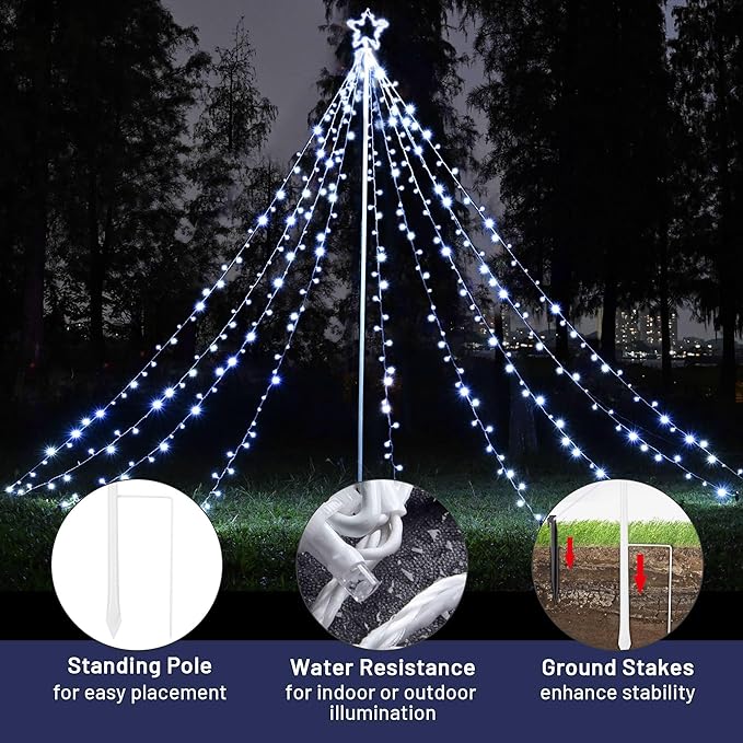 Yescom Cold White 12FT LED Waterfall Cone Tree Light with Star Finial 9 Strings 362 LED Star Lights Christmas Decoration Party Yard Outdoor