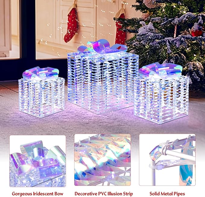 Tangkula Set of 3 Lighted Christmas Iridescent Box, 156 Cold White LED Lighted Present Boxes with Iridescent Bows, Ground Stakes, Light up Box Decorations for Indoor Outdoor, Yard, Lawn