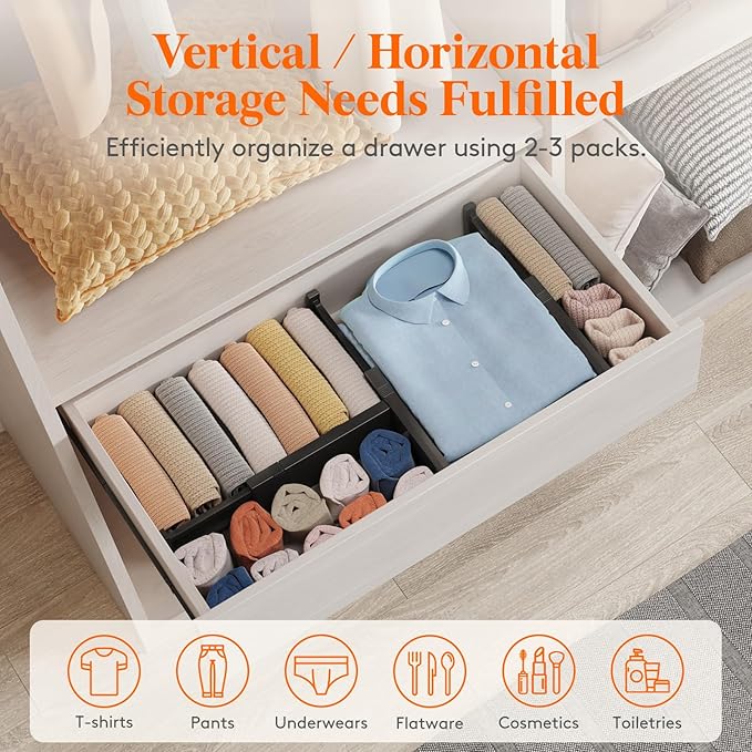 Lifewit 14 Pack Drawer Dividers 4" High, 11-17" Adjustable Drawer Organizers for Clothes, Expandable Dresser Separators in Bedroom/Bathroom/Kitchen/Fridge/Office Organization and Storage, Black