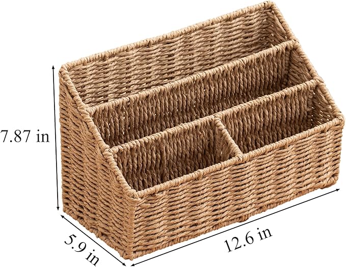 Woven Divided Storage Basket Desk Organizer Tabletop Mail Holder Countertop Paper Woven Basket Home Office Supplies (4 Compartments)