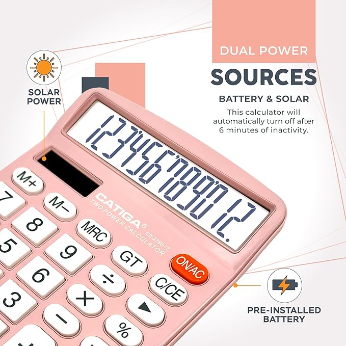 CATIGA 12 Digits Desktop Calculator with Large LCD Display and Sensitive Button, Dual Solar Power and Battery, Standard Function for Office, Home, School, CD-2786(Light Pink)