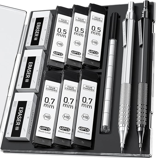 Four Candies 2PCS Metal Mechanical Pencils Set with Case, 0.5mm & 0.7 mm Artist Pencil with 6 Tubes (360PCS) HB Lead Refills, 3 Erasers,9 Eraser Refills For Writing Drafting, Drawing, Black&Silver