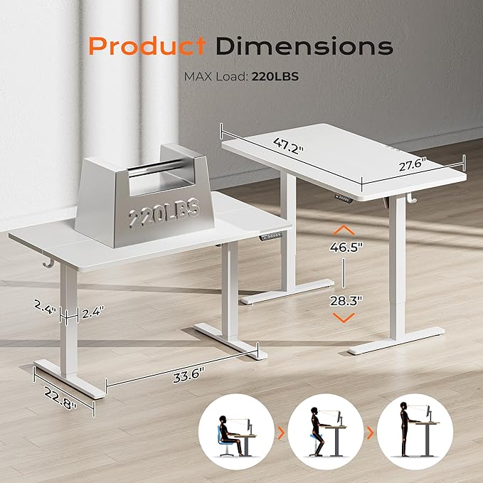 Huuger 48 x 28 Large Electric Standing Desk, Height Adjustable Desk, 27.6" Deep Desktop, Stand up Gaming, 2 Hooks, 3 Preset Heights, for Home Office, White