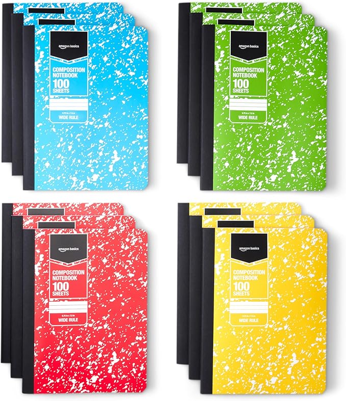 Amazon Basics Composition Notebook, Wide Ruled, 100 Sheets, 12 pack, Assorted Marble Colors