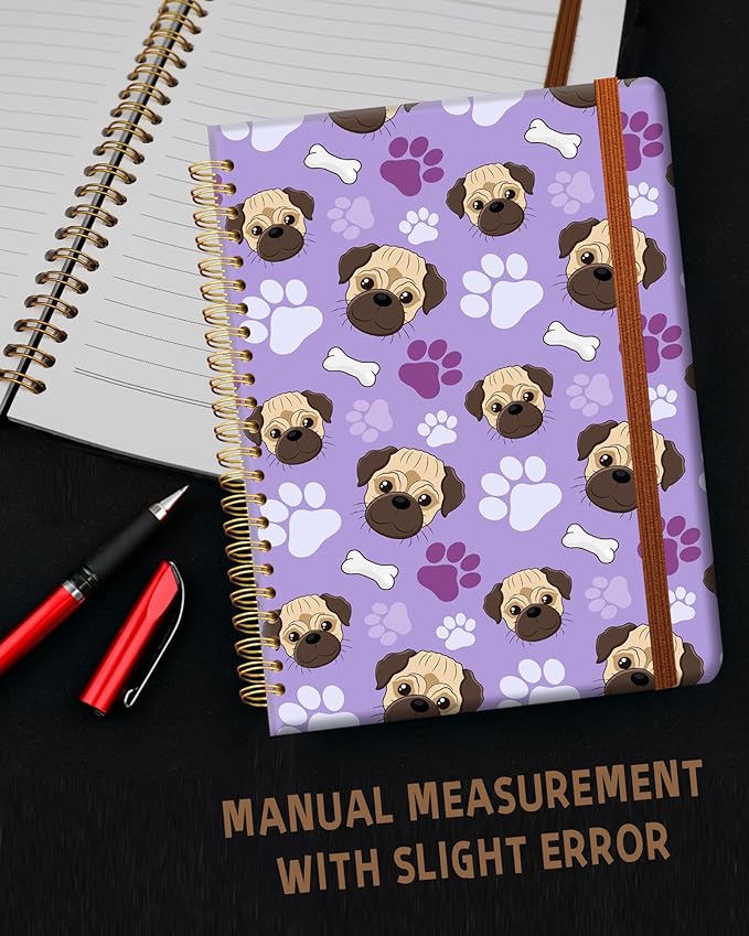 Ruled Spiral Writing Notebook,A5 Hardcover Lined College Journal for Women Lady,Fashion Puppy Watercolor Strong Twin-Wire Binding with Premium Paper,8.4" X 6",Perfect for School,Office,Home Gifts(Pug Bones Paws)