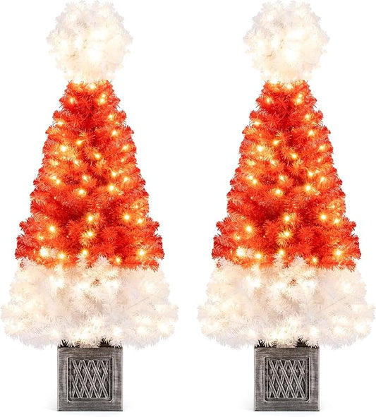 Goplus 4 FT Pre-Lit Christmas Tree for Entrances, Set of 2 Artificial Potted Santa Hat Xmas Tree with 300 Branch Tips, 100 Warm White LED Lights, Retro Flowerpot, Front Door Porch Home Decoration