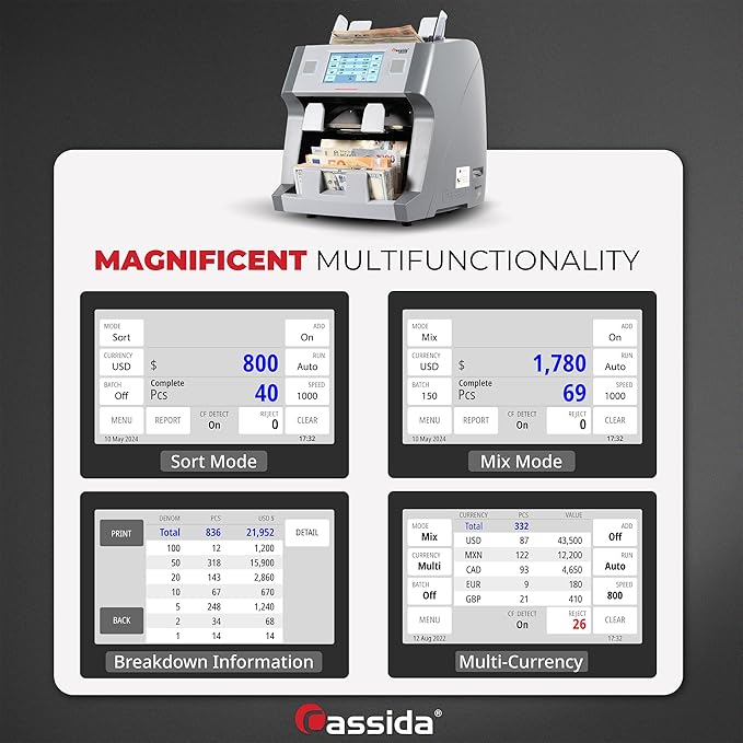 Cassida 9900R V2 2-Pocket Premium Bank Grade Money Counter Machine Mixed Denomination, Bill Sorter, Value Counting, Printer Enabled, 2 CIS, UV/MG, IR/IT Counterfeit Detection with Built-in Printer