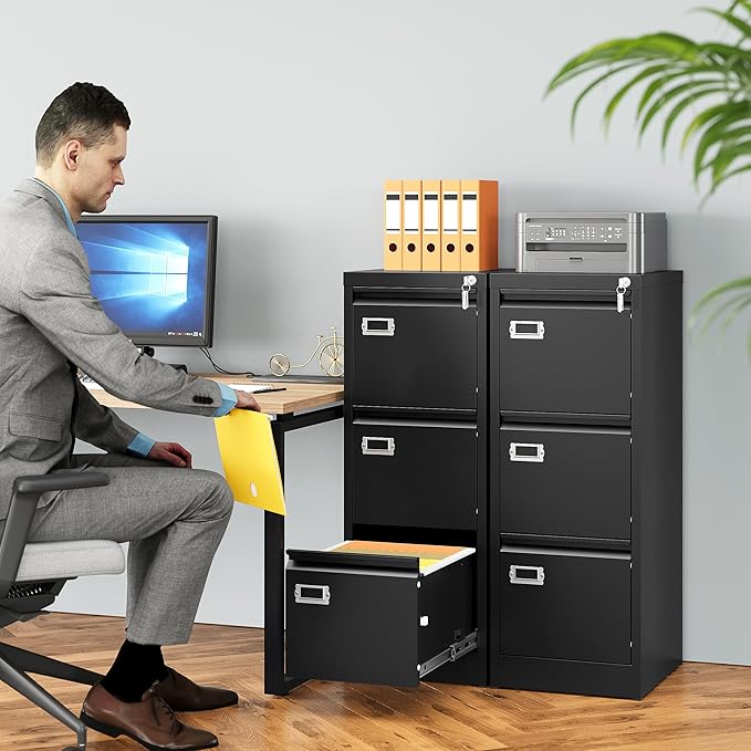 SISESOL 3 Drawer File Cabinet with Lock and Tag,Narrow Three Drawer Filing Cabinet,Vertical Metal File Cabinets,Small Black Filing Cabinets for Home Office Fit Letter/A4/Legal Size File,Easy Assembly