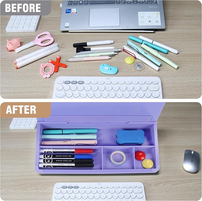 SELEAD Desktop Glass Whiteboard with Storage, Small Dry Erase White Board Computer Pad Keyboard Stand for Home, School, Office Desk Accessories - Purple