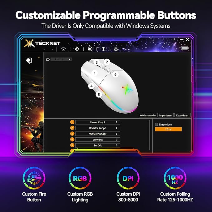 TECKNET Wireless Gaming Mouse - 8000 DPI, RGB Backlit, 6 Programmable Buttons, 100Hrs Battery Life, Dual Mode [2.4G & USB-C] for Laptop,PC,Mac - White