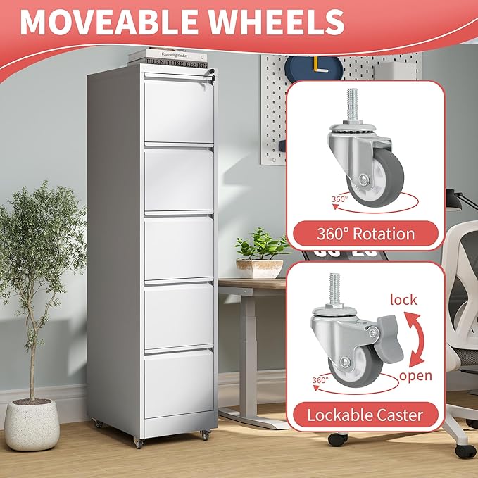5 Drawer File Cabinet with Wheels,Metal Mobile Filing Cabinets with Lock,Vertical File Cabinet for Home Office,Heavy Duty Storage Cabinet for A4/Letter/Legal Size File,Assembly Required