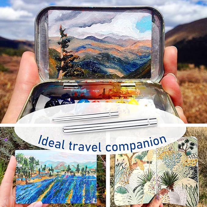 Falling in Art Travel Brush Set- 2PCS Synthetic Kolinsky Hair Round Portable Artist Paintbrushes with Protective Pouch for Watercolor,Gouache, Acrylic Paints Silver