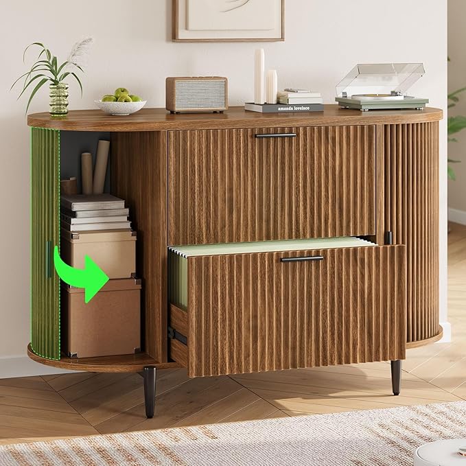 SEDETA 2 Drawer File Cabinet, 39.4" Filing Cabinet for Home Office, fit Legal/Letter/A4 Size, Light Luxury Fluted Filing Cabinets with 2 Sliding Door Storage, Printer Stand, Brown