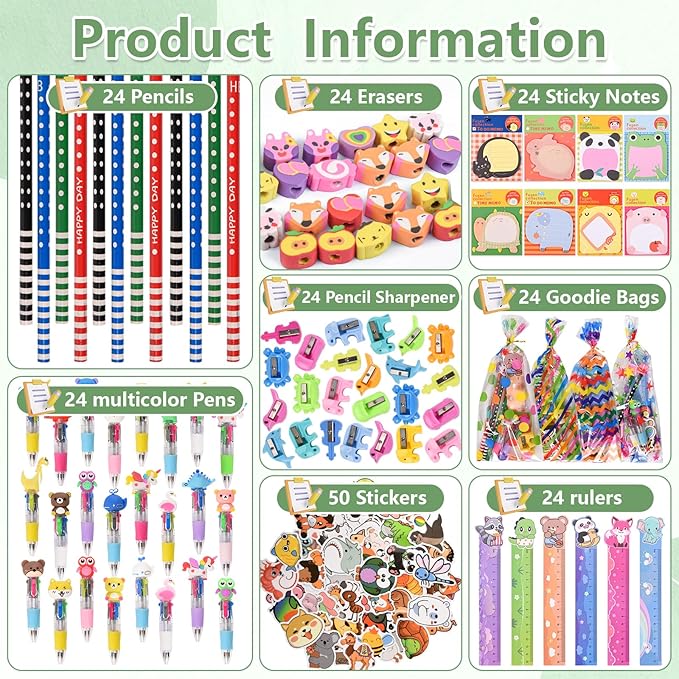 Ulema 24 Pack Cute Cartoon Animal Party Favors,Gifts for Birthday Goodie Bags School Classroom Games Rewards Stationery Set.