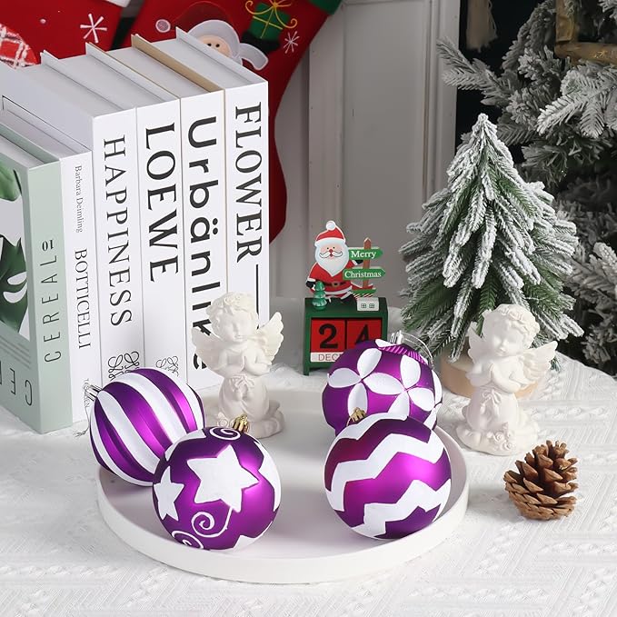 Large Purple White Christmas Ornaments for Tree, 12Pcs Shatterproof Christmas Bulbs Ornaments, 4 Inch Big Hanging Balls Decorations for Xmas Trees Parties Malls (Purple & White)