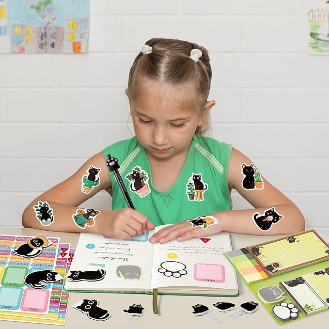 B1ykin Notebook Sticky Notes Stationery Set, 6Pcs Hardcover Ruled Journal Notebook with Planner Stickers, Neutral Pen Bookmarks Clips Birthday Gift for Office Students (Black Cat Floral)