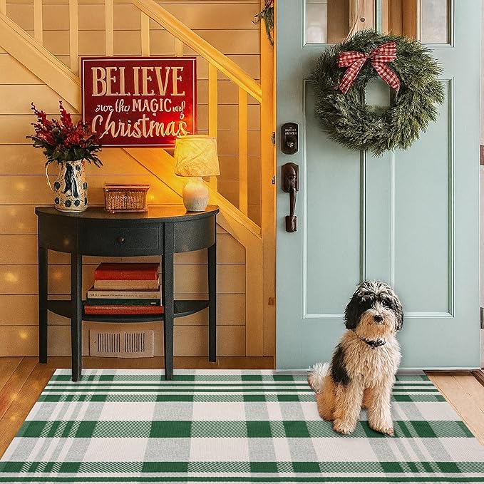 Christmas Green & White Check Rug - 3' x 5' Outdoor Front Door Decor Mat Cotton Washable Hand-Woven Rug Christmas New Year Holiday Porch Entryway Layered Doormat