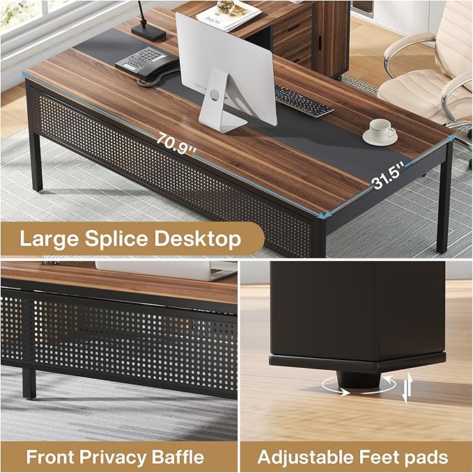 Tribesigns 70.8" Large Executive Office Desk and 47" Lateral File Cabinet Combo, L-Shaped Computer Desk 2 Piece Business Furniture with Drawers and Shelves, Home Office Workstation, Walnut