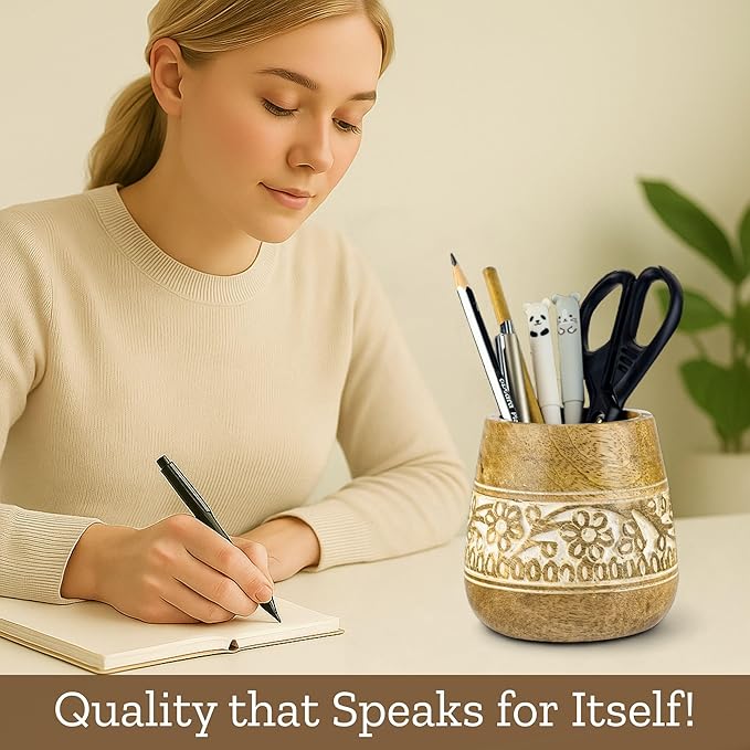 Mie Creations Designer Pencil Holder for Desk Wood | Paintbrush Holder Cup, Desk Accessories, Cute Make Up Brush Organizers | Office Desktop, Wooden Pen Stand | Stationary, Art Supplies | White-4''