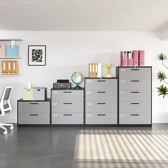 Metal Steel 4 Drawer Lateral File Cabinet with Lock, Filling Cabinets for Home Office, Lockable Storage Cabinet for Hanging Files Letter/Legal/F4/A4 Size-Assembly Required