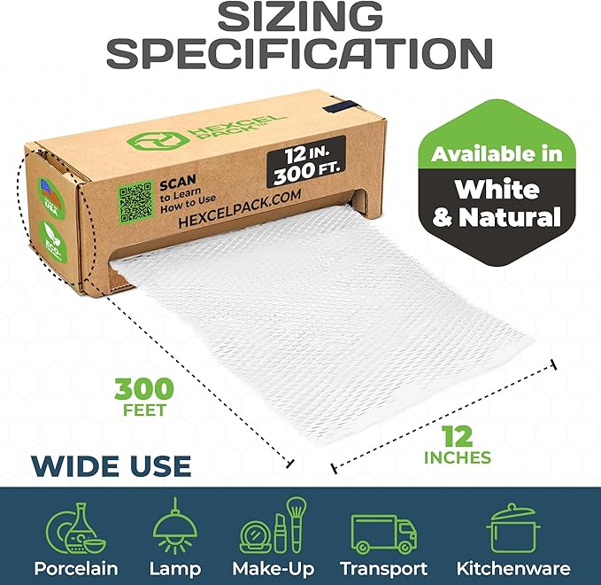 HexcelWrap Mini - Honeycomb Packing Paper, Eco-Friendly, Sustainable Paper Bubble Wrap for Shipping & Moving, Cushioned Packing Material in Easy Self-Dispenser Box - White, 12" x 300'