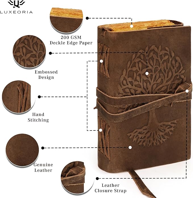 LUXEORIA Tree Of Life Leather Journal for Women and Men, Handcrafted Leather Journal for Writing Womens, Sketchbook, Travel Diary with Unlined Deckle Paper, Distressed Brown 5x7
