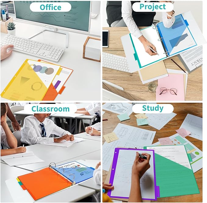 Binditek 12 Set Plastic 5-Tab Binder Dividers with Front Pocket, Tab Insertable Poly Pocket Dividers for 3 Ring Binders, Letter Size, Multicolor, for Students and Coworkers