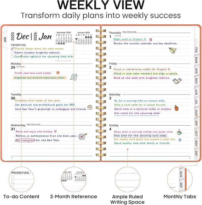 2026 Planner 8.5" x 11", Weekly and Monthly Calendar Planner Book, January 2026 - December 2026, Hardcover Spiral Planner with Monthly Tabs, Notes Pages, Perfect for Women & Men, A4 - Coral