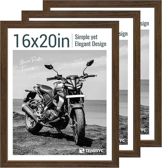 16x20 Picture Frame Set of 3 - Brown Woodgrain, Wood Poster Frame, HD Tempered Glass, Wall Gallery Hanging