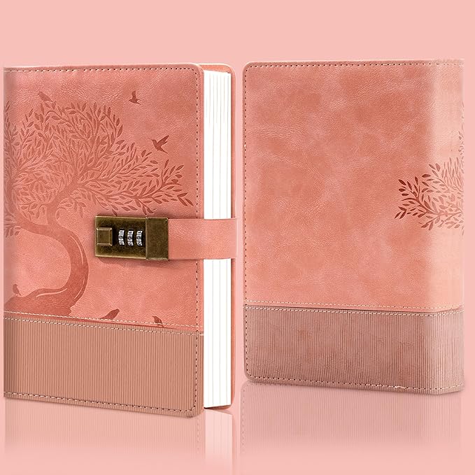 Pink Diary with Lock for Women Girls 256 Pages Leather Password Journal with Lock A5 Vintage Locked Journals for Writing Note Taking, 5.9x 8.3 in