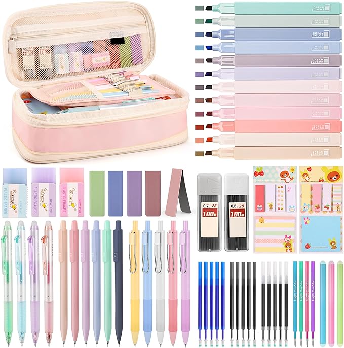 DazSirit 62 PCS Aesthetic School Supplies with Foldable Pencil Case, 12 Pastel Highlighters, 4 Erasable Pens, 5 Gel Pens, 6 Mechanical Pencils, Sticky Notes, Complete Stationery Kit for Teens, Pink