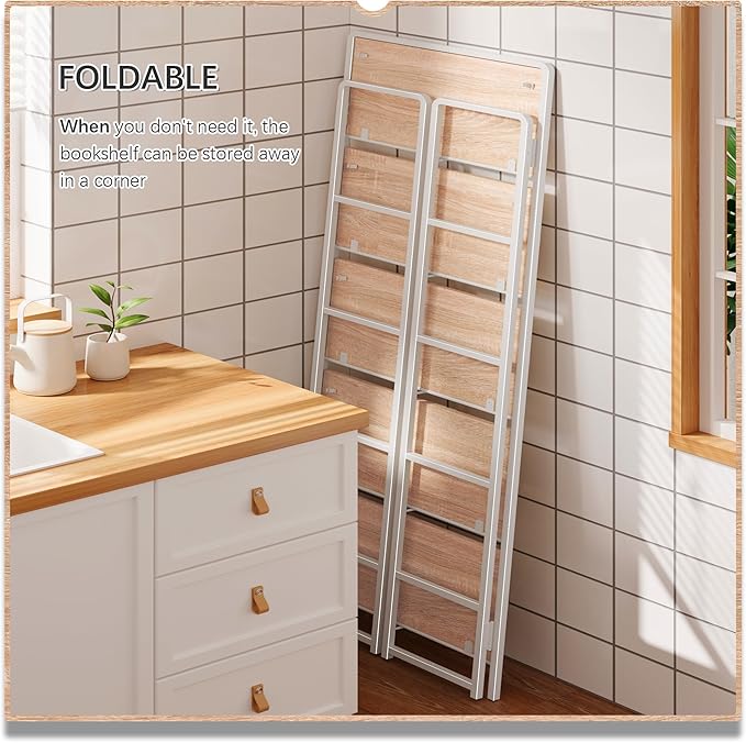 4NM No Assembly 5 Tiers Folding Bookshelf Storage Shelves Vintage Bookcase Standing Racks Study Organizer Home Office (Natural White)