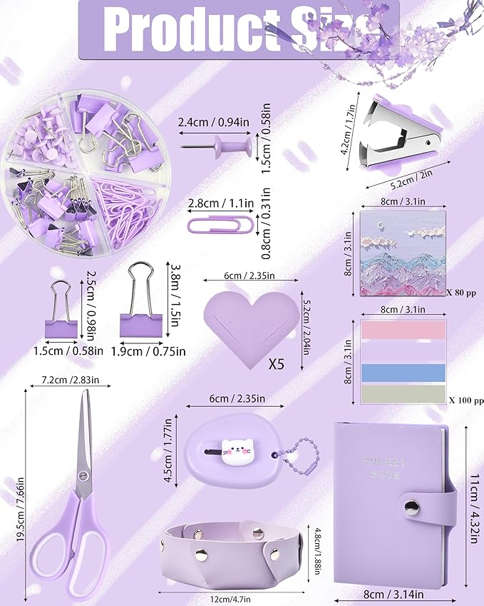 Purple Desk Accessories, 26Pcs Office Supplies and Desk Organizers, with Tape Dispenser, Stapler, Staple Remover Ect, Christmas Gifts