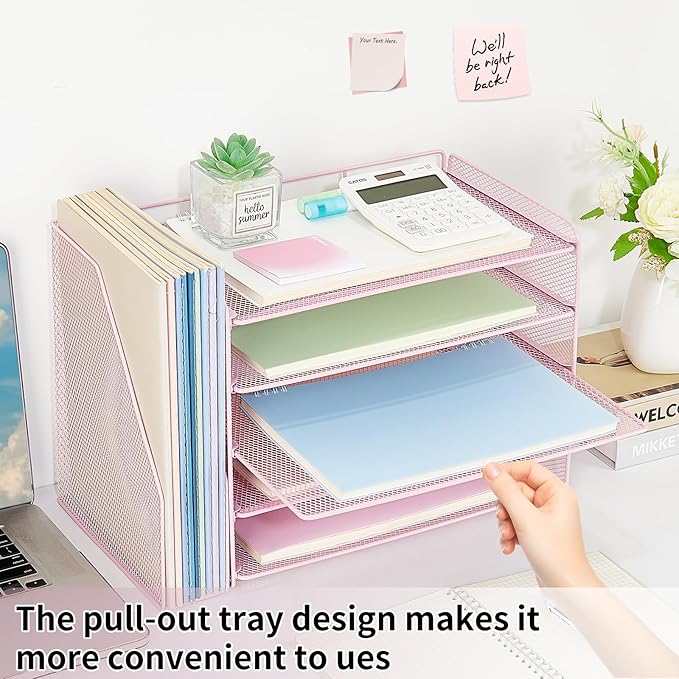 OPNICE 5-Tier Paper Organizer with Magazine Holder, Desk Organizers and Accessories, Office Desk Accessories & Workspace Organizers, Desktop File Organizer for Office Supplies Storage, Pink