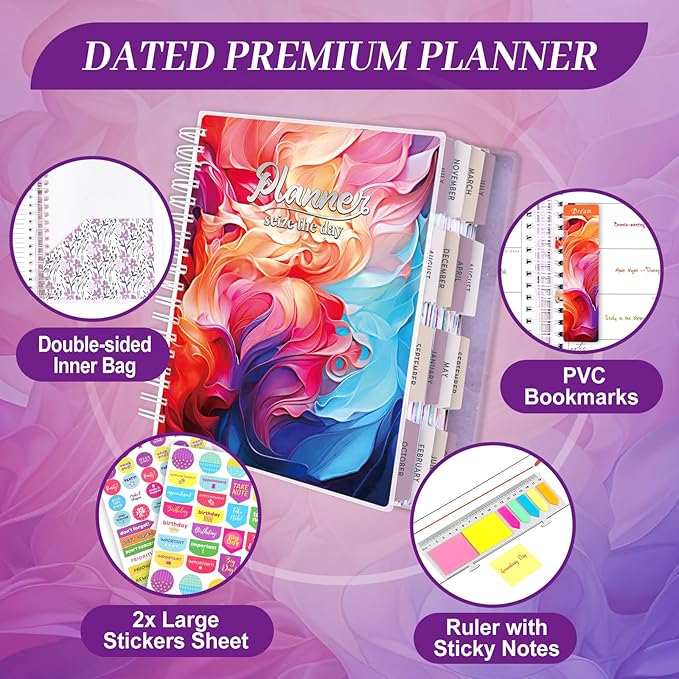 Planner 2025-2026, 18 Months Large Academic Daily Weekly Monthly Planner Organizer, July. 2025 - Dec. 2026, 8.5x9.8" Agenda with Page Tabs, Separator Page, Pocket Folder, Bookmark, Stickers & Sticky Note Set