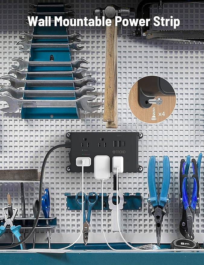 TROND Power Strip Surge Protector, 5 Widely-Spaced Outlets with 2 USB A and 1 USB C, ETL Listed, Wall Mountable, Flat Plug 5ft Extension Cord, 1300J, 14AWG Heavy Duty, for Office Kitchen, Black