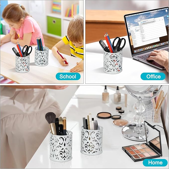 EasyPAG Metal Round Pencil Holder 2 Pack Pen Cup Holders Organizer for Desk, White