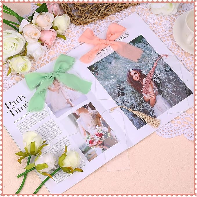 100 Pieces Acrylic Bookmark Blanks, Clear Acrylic Bookmarks with 30 Pieces Tassels and 4 Rolls Chiffon Silk Ribbon, Transparent DIY Bookmarks for Book Lover Crafts Present Tag Reading Accessories