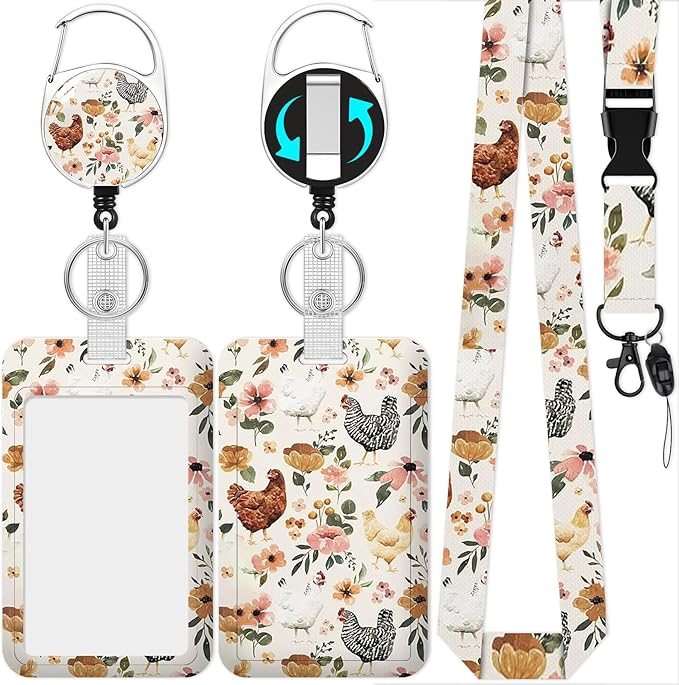 Floral Chickens Lanyard for Id Holder,Cute Rooster Badge Holder with Retractable Lanyard,ID Holder with Badge Reel Clips,Animal Keychain Name Tag ID Card Holder Teacher Women