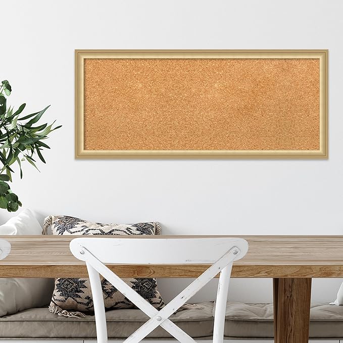 Amanti Art Natural Cork Board for Wall, 14x32 Vision Board with Gold Frame, Medium Corkboard Office Decor for Home Organization, Casual Corkboard Pinboard to display items for home organization