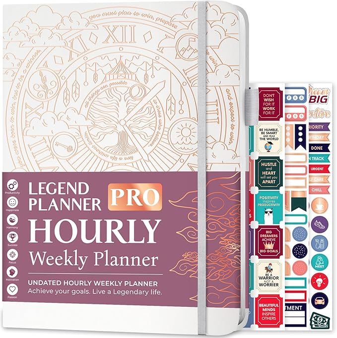 Legend Planner PRO Hourly Schedule - Weekly & Daily Organizer with Time Slots. Appointment Book Journal for Work & Personal, A4 (White Gold)