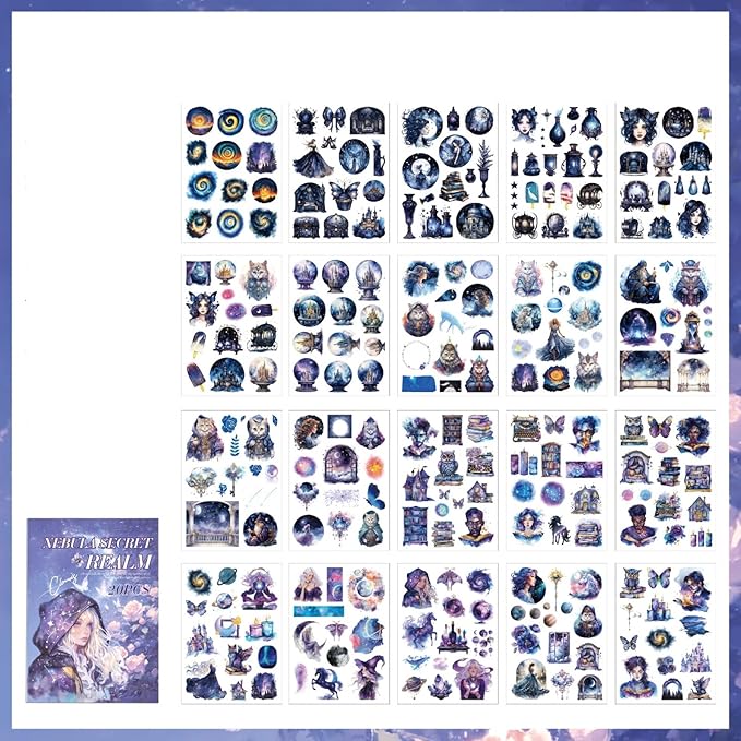 TIAMECH Nebula Secret Realm Sticker Book - Witch Magic Cat Series, 20 Sheets PET & Washi Stickers for Scrapbooking, Ephemera, Waterproof Junk Journaling Supplies & DIY Crafts (Size 10.5 x 7.1in)