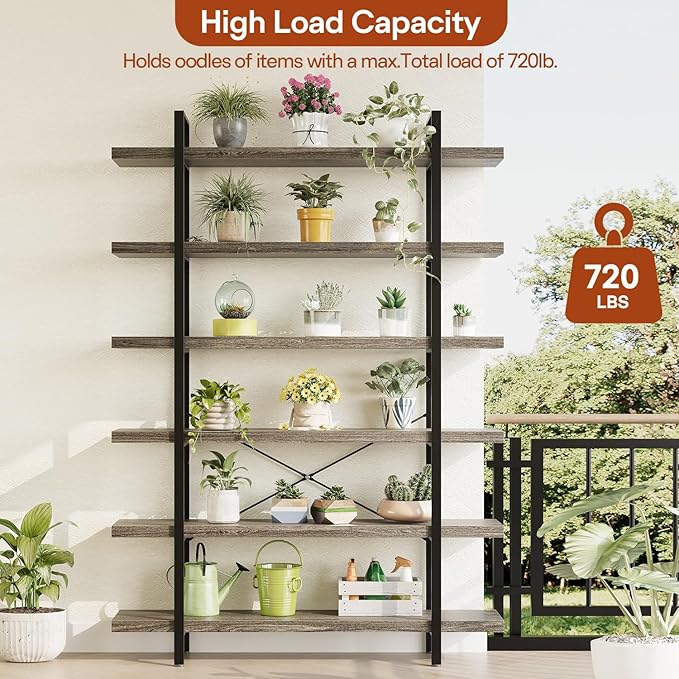 Bookcase, 47 Inch Wide Wood Bookshelf, 120lbs Shelf Capacity, Rustic Open Shelving Industrial Display with Reinforced Horizontal Shelves for Living Room Bedroom Office (6 Tier - Grey)