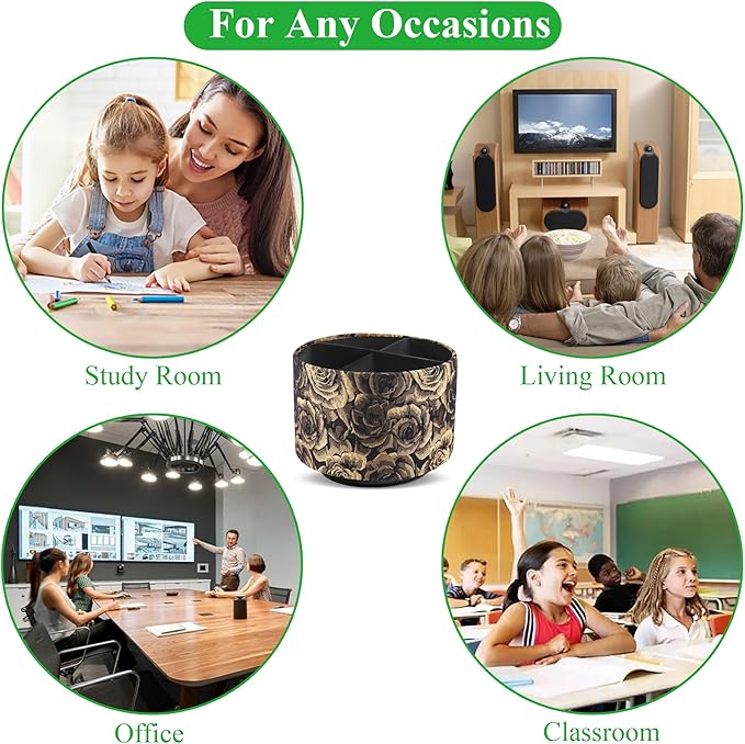 QIELIZI Round Leather Art Supply Organizer,Remote Control Holder,360 Degree Rotating,Multi-Functional Pencil Holder,4 Compartments Desktop Stationary Organizer(1-3D Rose Yellow)