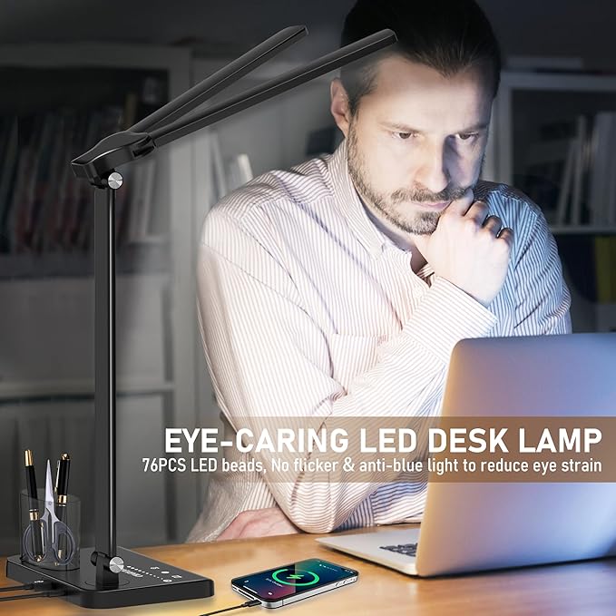Dimmable LED Desk Lamp with USB Charging Port Bright, 50 Lighting Modes Dual Swing Arm Architect Table Lamp Light Desk Lamp for Home Office Dorm Piano Nail